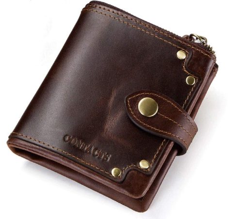 Contacts Men’s RFID Blocking Leather Wallet with Button Closure, 13 Card Slots, and Zip Currency Compartment (Brown).