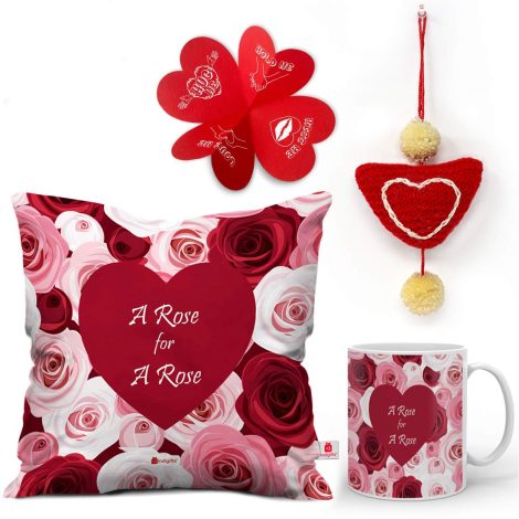 Indigifts Love Blossom Combo: Rose-themed cushion cover with filler, 330ml mug, and heart hanging. Perfect for gifting!