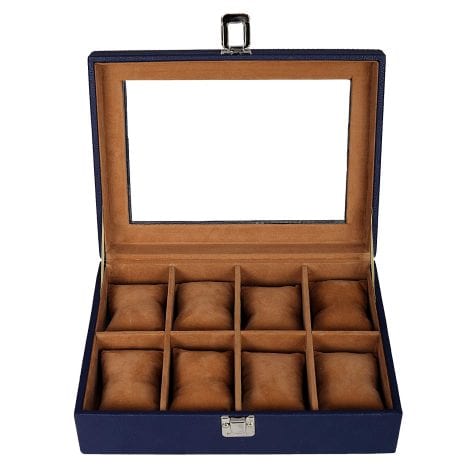 Blue Leather World Watch Box with 8 Slots for Men’s and Women’s Watches – Organize and Store your Jewelry.