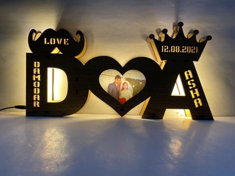 Customized Wooden Alphabet Lamp for Indian couples, perfect for gifting on marriage, anniversary, engagement, or wedding.