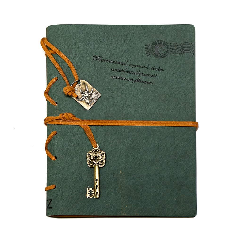 Leather Writing Journal Notebook, EvZ 7 Inches Key Bound Retro Vintage Notebook Diary Sketchbook Gifts with Unlined Travel Journals to Write in for Girls and Boys Notepad Guest Book, Dark Green