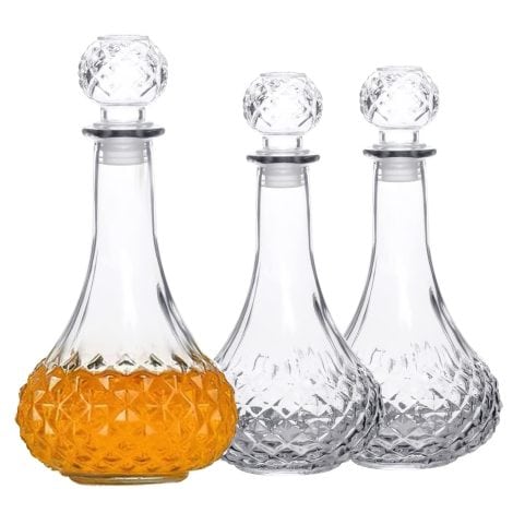 Set of 3 delicate Cadamada glass bottles with caps, perfect for gifting, decorating bars, and parties: ideal for whisky, tequila, brandy, scotch, and vodka (27 oz).