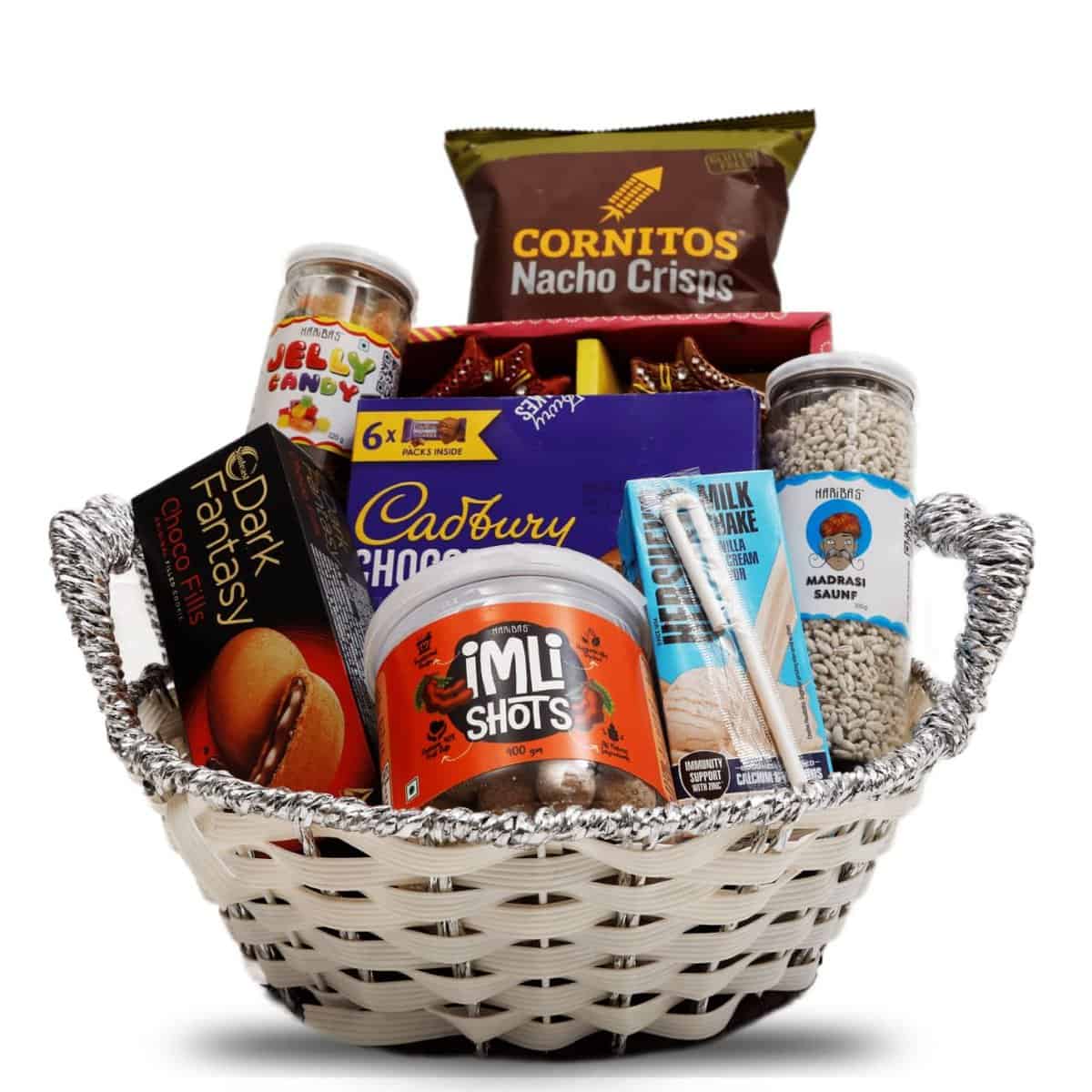 HARIBAS Basket Gift Hamper for Dussehra, Diwali festival, Bhai Dooj, Extra Sweet Celebration with Friends and Family, Chocolates, Jelly, Imli Shots, Milk Shake, Mukhwas, Crisps, Handcrafted Diya