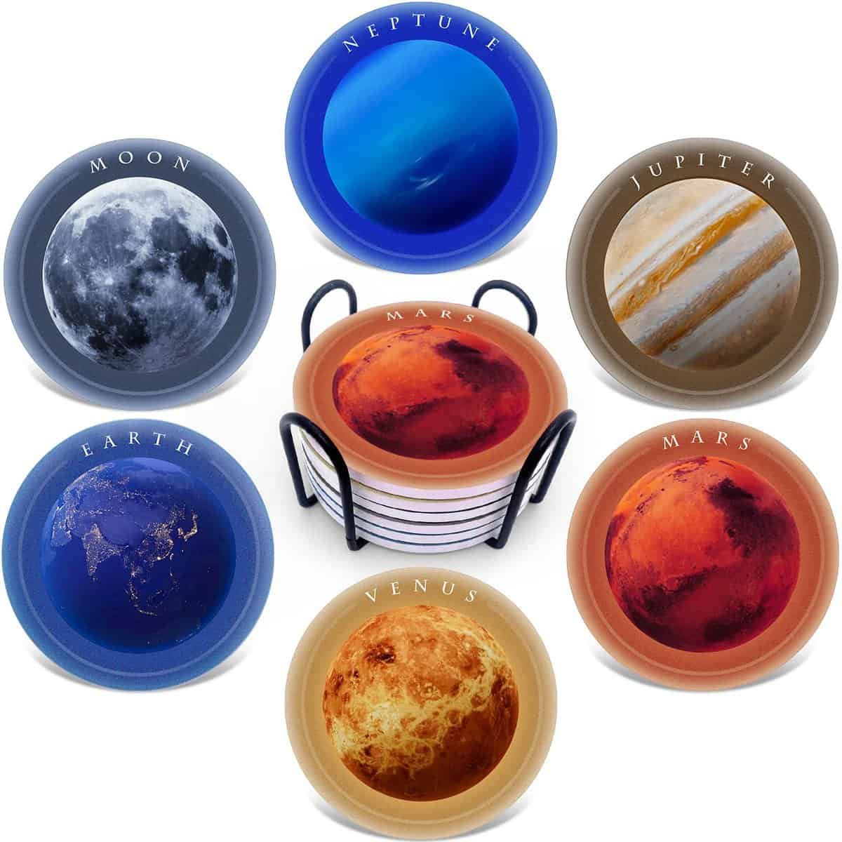 AODAYS Fun Cosmic Galaxy Absorbent Ceramic Drink Coasters - Set of 6 with Stand, Housewarming Hostess Gifts for New Home Men's Cave House Warm Gifts Decor Living Room Decor Ideas