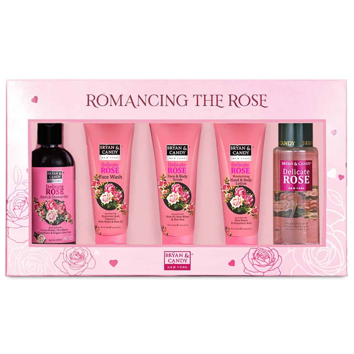 Bryan & Candy Romancing The Rose Complete Face & Body Care Kit |Christmass Gift Set For Women and Men| Shower Gel , Face Wash, Face Scrub , Fragrance Mist, Hand & Body Lotion| 100% Vegan | Ph 5.5 Skin Friendly