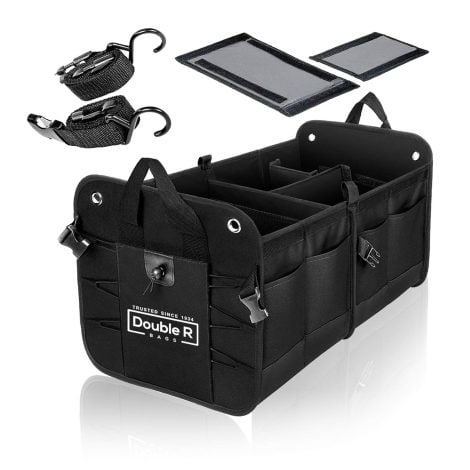 2020 Black Double R Bags: Convenient Trunk Organizer with Multiple Compartments for Car Accessories, Garage, and Toys.