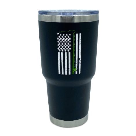 Lifecraft’s Cool Dad Travel Tumbler, a stainless steel mug with lid, adorned with funny fisherman accessories, perfect for hot or cold drinks.