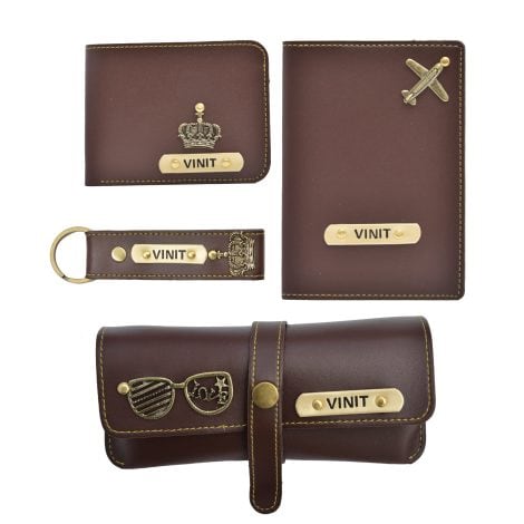 “The Perfect Gift Combo for Indian Men: Personalized Wallet, Passport Cover, Eyewear Case, Keychain in Brown.”