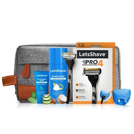 Complete grooming and shaving set for men, including razors, foam, balm, bag, and cap.