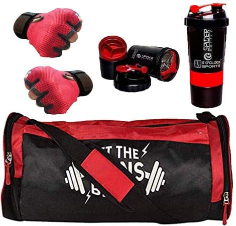 5 O’ Clock Sports Combo: Red Gym Bag, Gloves, Spider Shaker Bottle Gym Kit for Indian Men and Women.