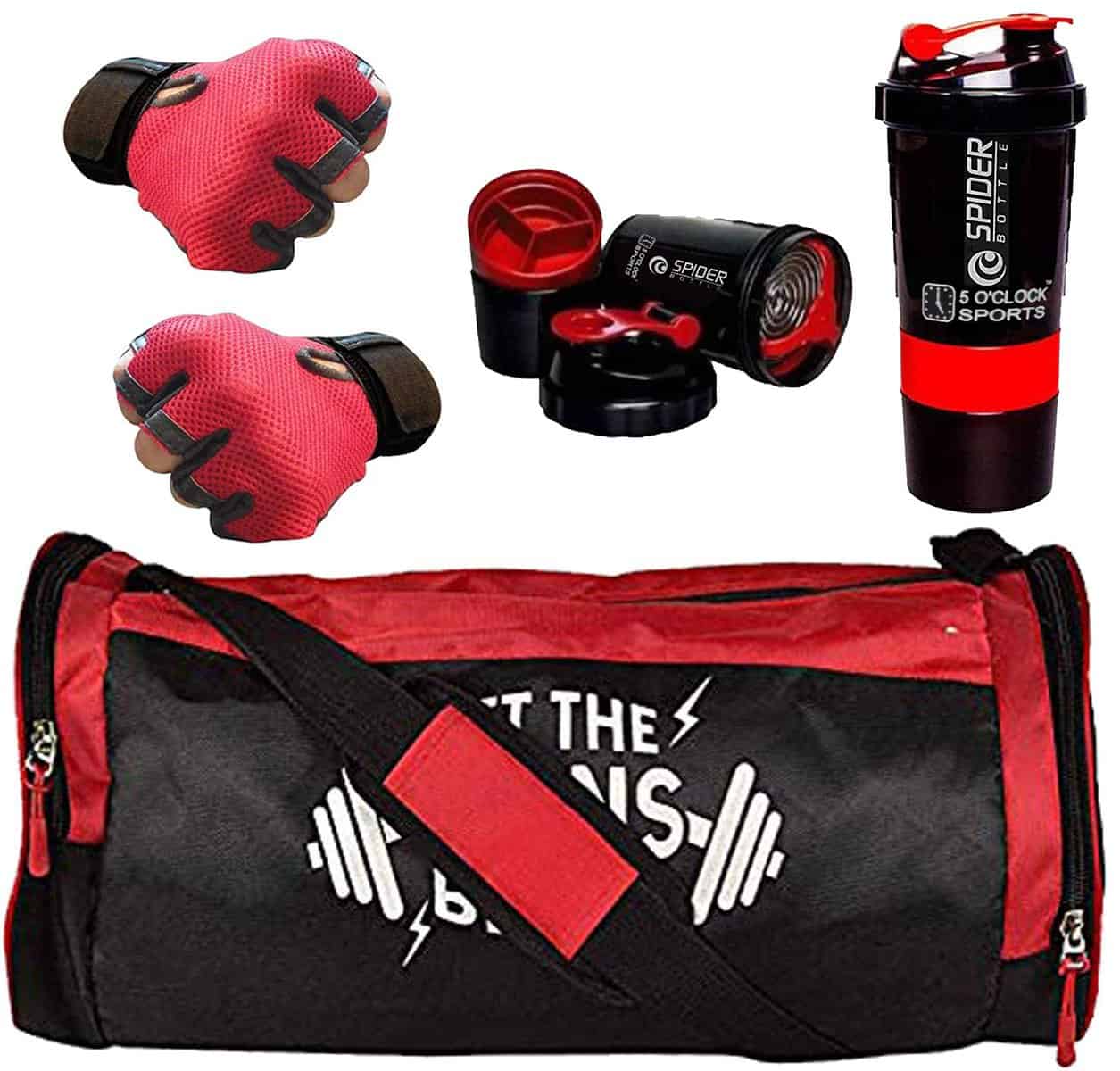 5 O' CLOCK SPORTS 5 O'CLOCK SPORTS Combo of Red Leather Gym Bag with Shoe Compartment, Red Gym Gloves and Red 500 ml Spider Shaker Bottle Gym kit for Men and Women ll Gym Bag with Shoe Compartment Gym & Fitness Kit