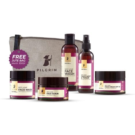 PILGRIM French Red Vine Deluxe Face Care Kit for a radiant complexion | Includes face wash, mask, cream, scrub, mist, and toner | Suitable for both men and women.