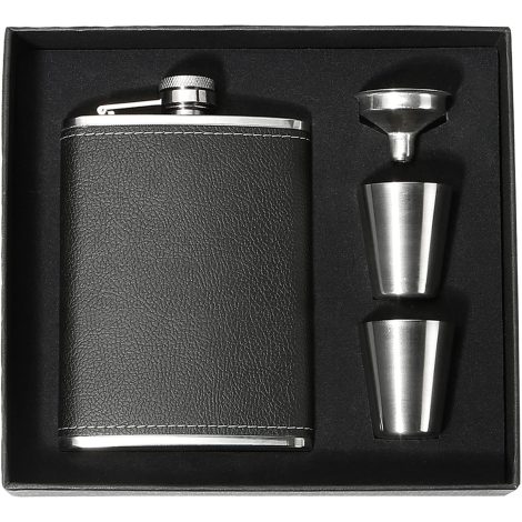 Black Leather Men’s Hip Flask, Stainless Steel Leak Proof Whiskey Brandy Tequila Flask with Cups & Funnel for Father’s Day, Birthdays