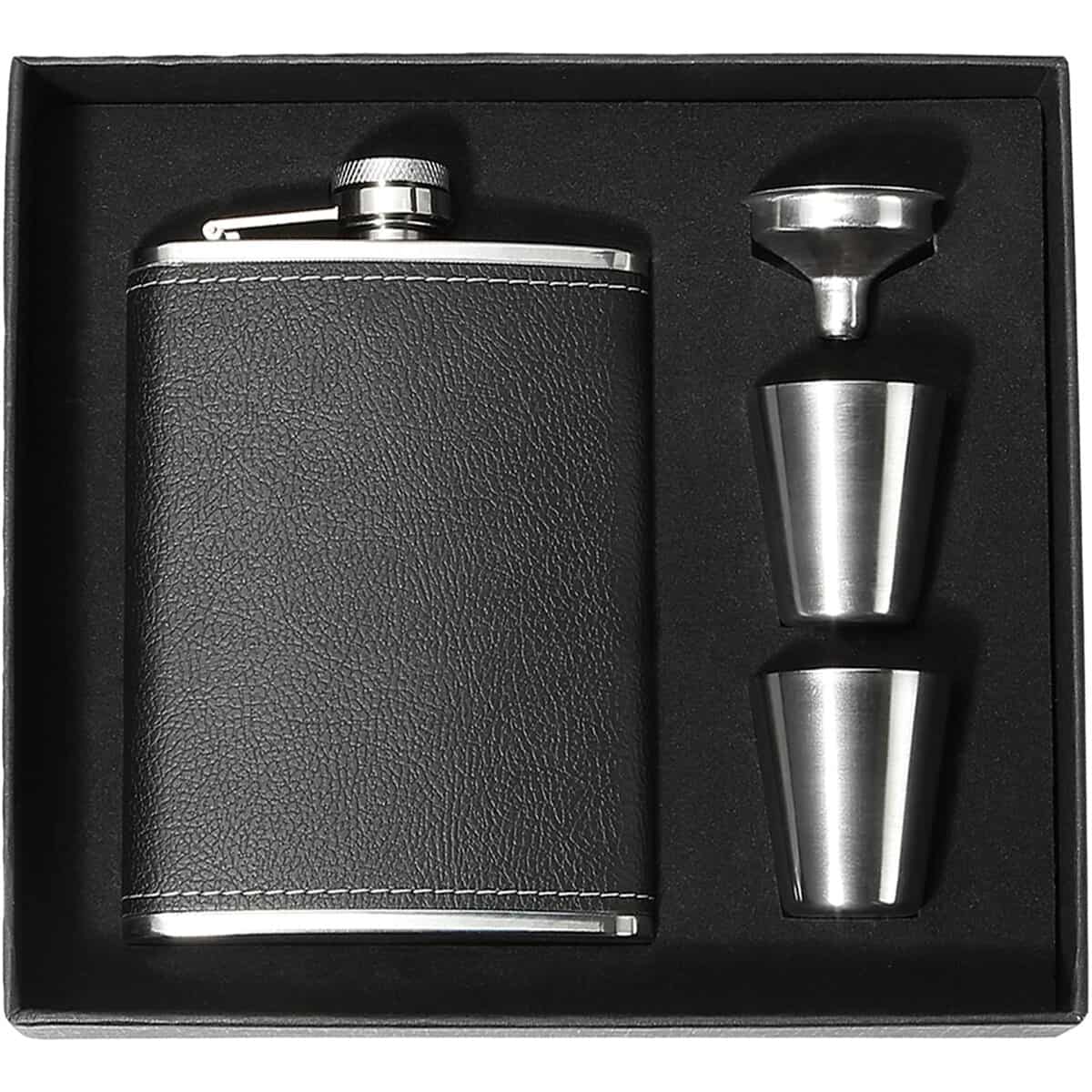 Black Leather Hip Flask for Men, 304 18/8 Food Grade Stainless Steel Leak Proof Hip Flask for Whiskey Brandy Tequila, 8 Oz Flask Gift Set with 2 Cups & Funnel for Father's Day Gifts, Birthday Gifts