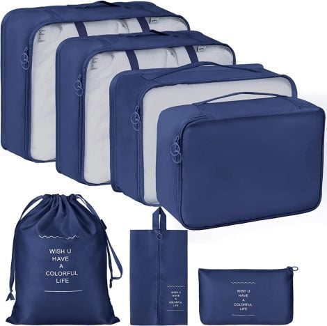 House of Quirk’s 7-Piece Travel Bag Set includes 3 Packing Cubes, 3 Pouches, and 1 Toiletry Organizer.