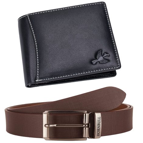 Hornbull Black Wallet and Brown Belt Combo BW3096 for stylish Indian men.