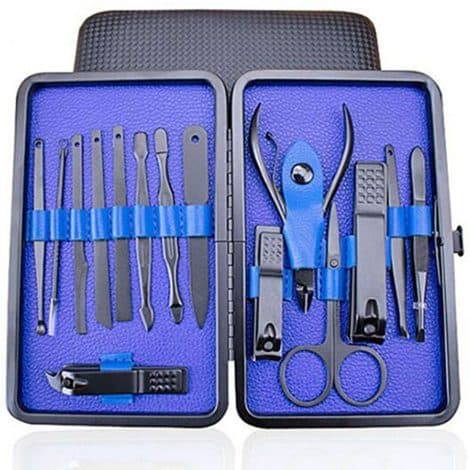 Deluxe Mani-Pedi Set: 16 high-quality stainless steel nail tools, perfect for travel, with black and blue design.