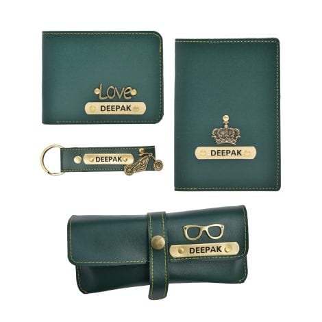 Customized Men’s Gift Set with Personalized Wallet, Passport Cover, Eyewear Case, Keychain – Perfect Birthday Present (Green).