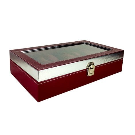 Premium Glass Top Watch Box for 12 Watches, suitable for Men and Women (Burgundy, Silver)