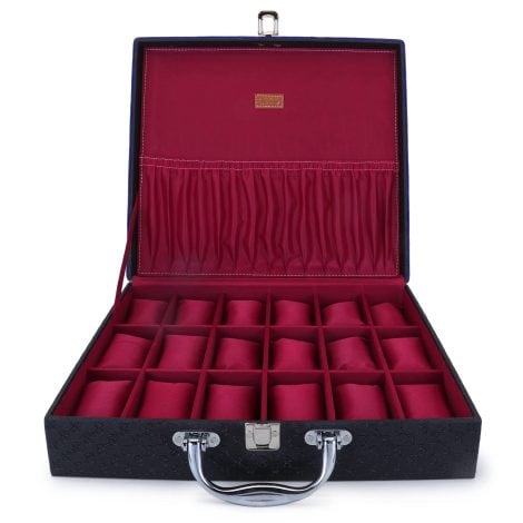 LEDO Watch Storage Box for Men and Women. Holds 18 watches in Royal Black & Cherry color. Square shape.