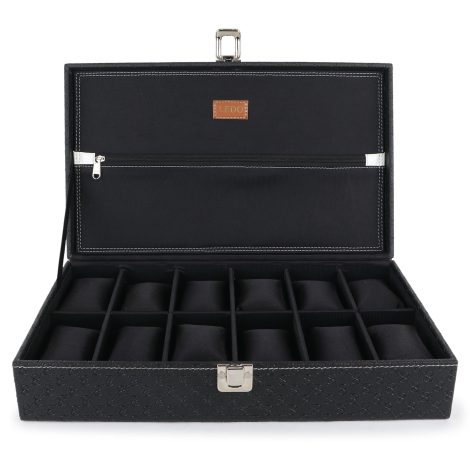 Black Royal PU Leather Watch Box Organizer with 12 Slots for Men and Women, with Chain Pocket.