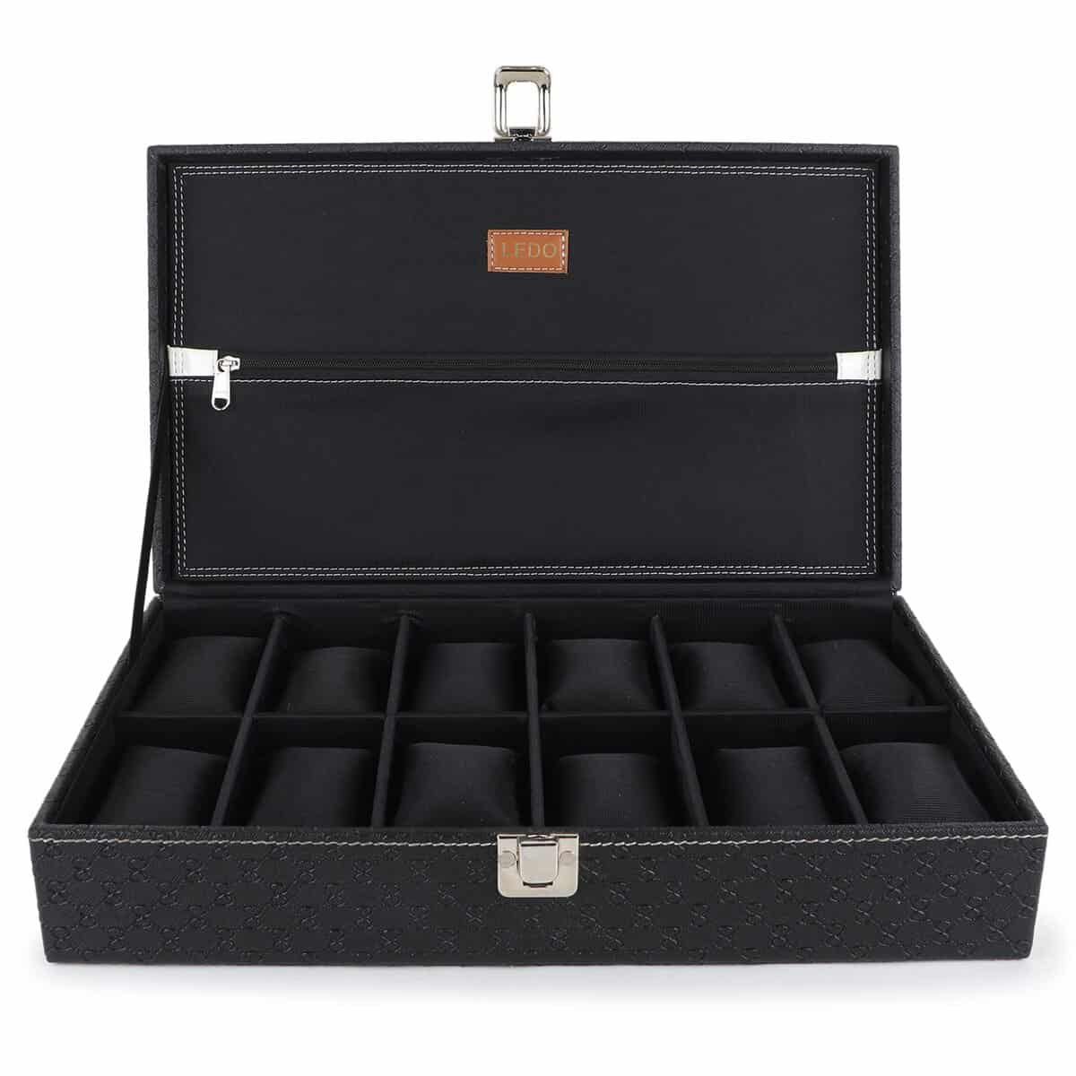 LEDO Men's and Women's Watch Box Holder Organizer Case In 12 Slots of watches In PU Leather with Royal Black color with Chain Pocket