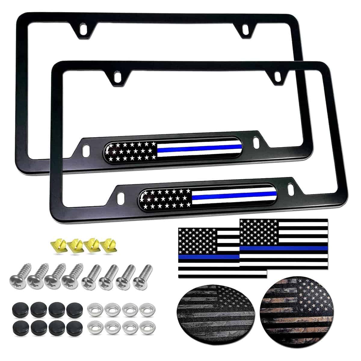 Aootf Police Thin Blue Line License Plate Frames- 2 Pack American Flag Matte Black Aluminum Patriotic Car Tag Cover Holder with Mount Screw Caps, Car Accessories Gifts for Officers Men Law Enforcement