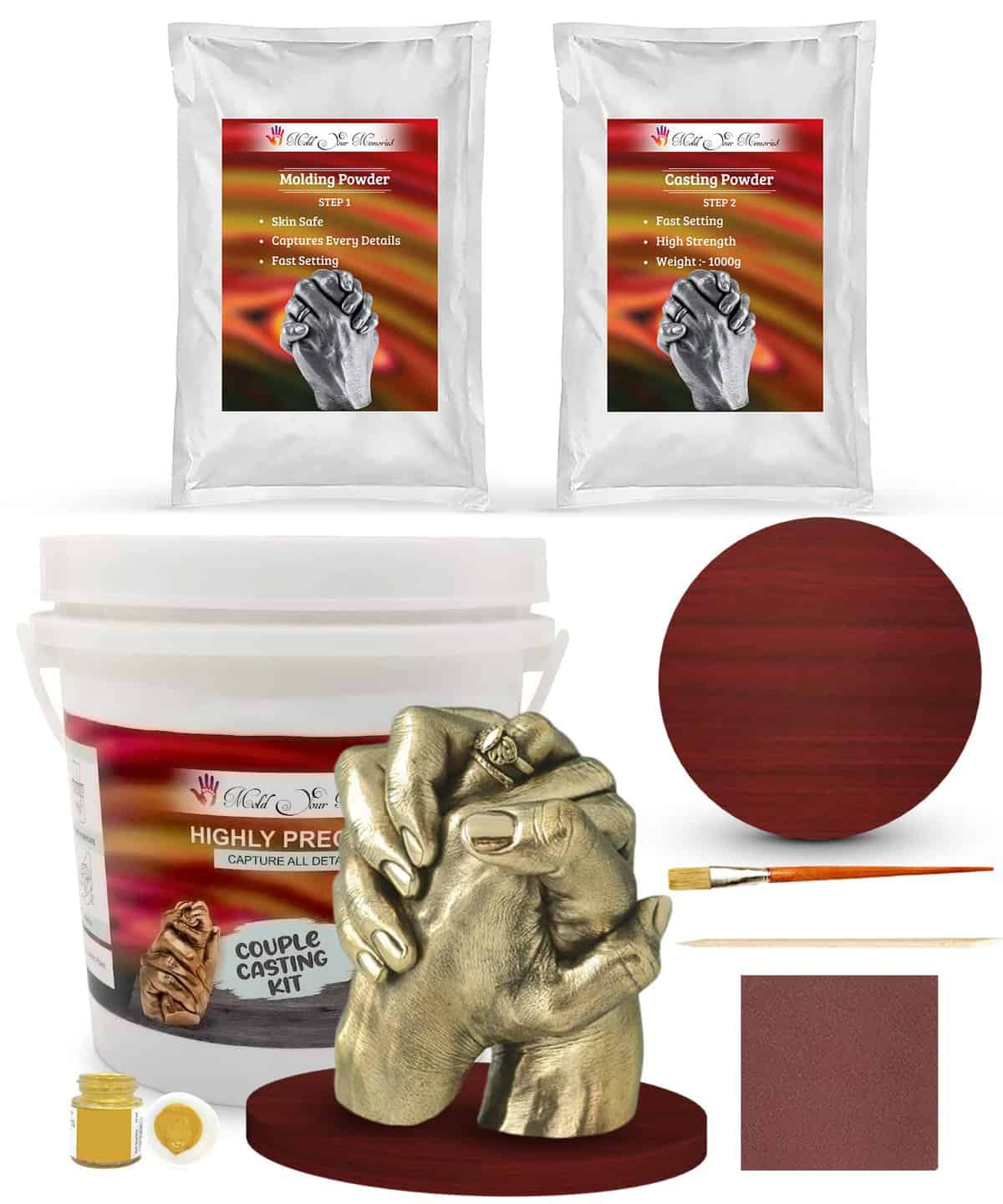 Mold Your Memories 3D Couple Casting Kit With Wooden Base For Couple Hand | Parents And Baby| Sibling | Grandparents | Friends | Molding Powder 550 Gm & Casting Powder 1000 Gm, Tabletop