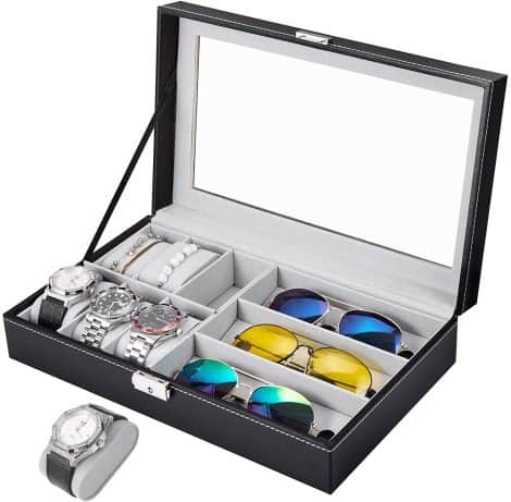 Black PU Leather Watch and Sunglasses Jewelry Box for Men and Women, 6 Watch Slots and 3 Sunglasses Slots.