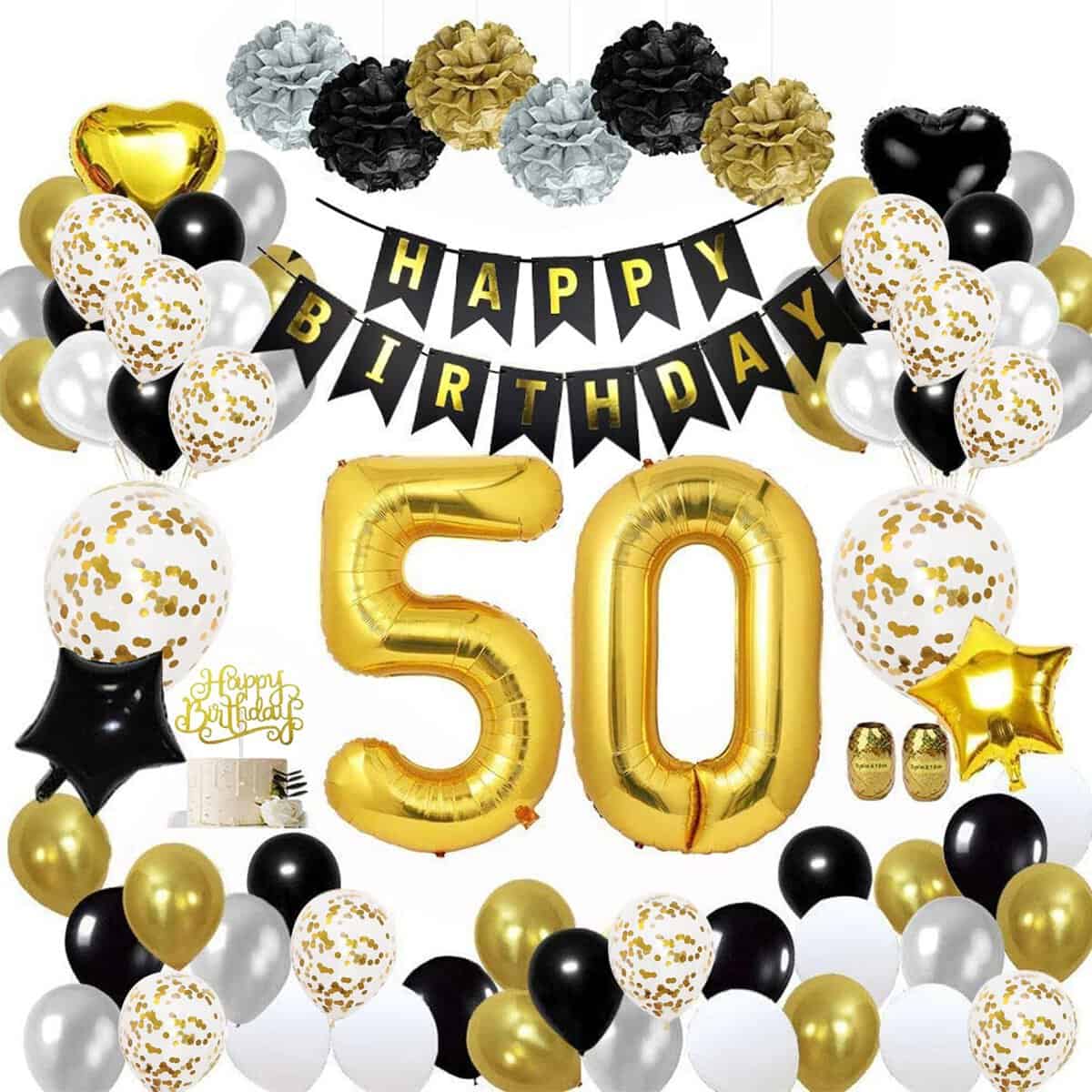 Party Propz 50 Birthday Decorations Including Happy Birthday Banners Confetti Balloons, Latex Black Gold and White Balloon and Foil Balloon for Man Girl Women Birthday Décor - Set of 41