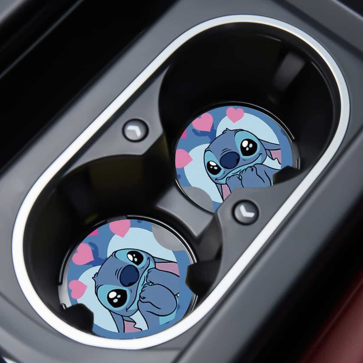 Car Cupholder Coaster Absorbent 2 Pack Adorable Cartoon Character with Heart Pattern Rubber New Automotive Cup Holder Decal Decor for Women Men Gifts DZ636