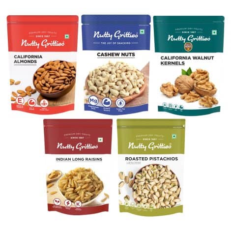 Nutty Gritties Mixed Dry Fruits Combo: California Almonds, Cashews, Long Green Raisins, California Walnuts, Roasted Salted Pistachios in resealable pouch (200g each), 1Kg.