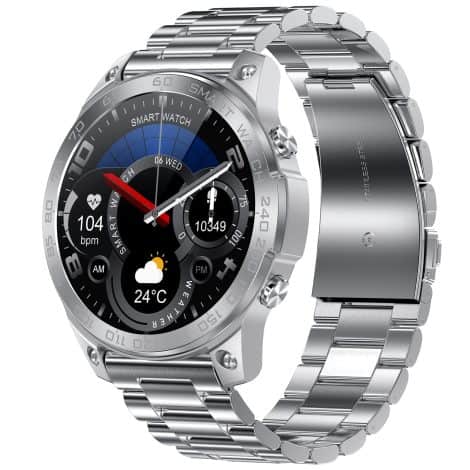 Fire-Boltt Dagger Luxe Smartwatch: Stylish stainless steel build, vibrant 1.43″ Super AMOLED display, 600 NITS brightness, IP68 water resistance, and easy Bluetooth connectivity.