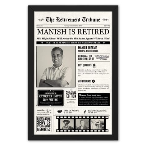 Customized Retirement Newspaper Artwork Gift for Men or Women, Personalized with Your Photo & Message