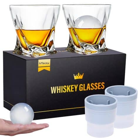 Mfacoy Whiskey Glasses Set of 4, includes crystal bourbon glasses, ice ball molds, ideal gift for men.