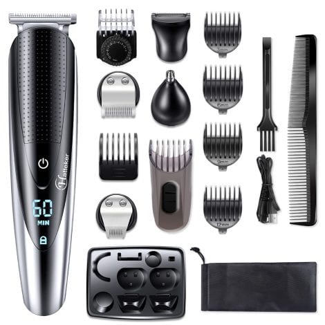 Hatteker 5-in-1 Cordless Haircut Kit for Men: Trim and style your beard, hair, mustache, and body easily. Waterproof.