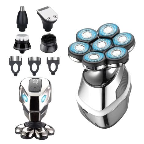 MARSKE Men’s Shaving Kit: Sleek Silver Shaver with LED Display, 7D Floating Blades, Multi-Functional Skull Design.