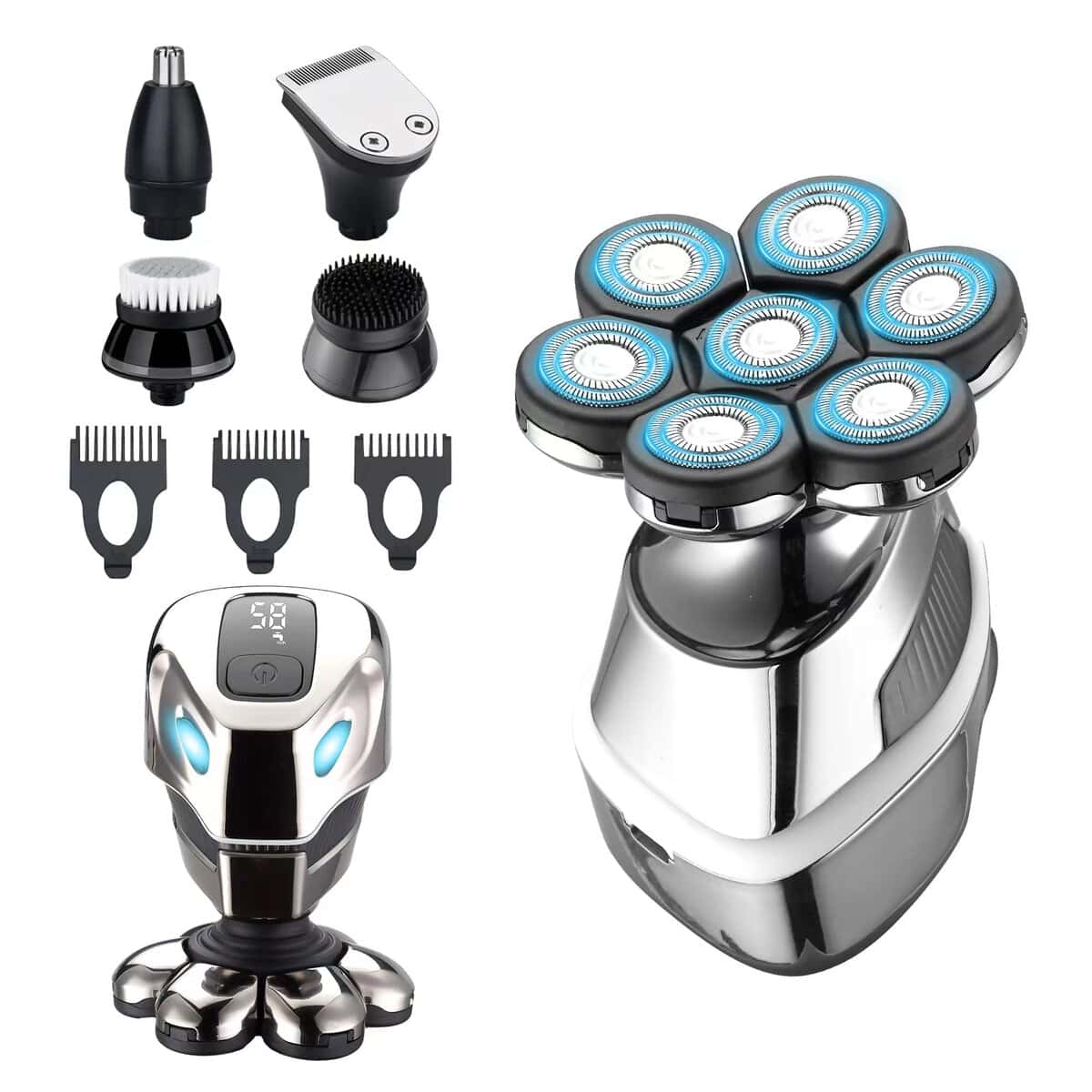 MARSKE Electric Shavers for Men, Baldhead Shavers for Men, 9 in 1 Men's Grooming Kit, LED Display Razors, Versatile 7D Floating, Multi-Function Skull Shaver (Silver)