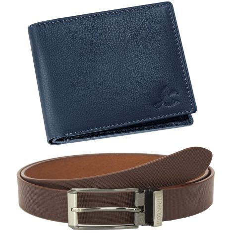 Gift set for men, featuring a navy wallet and brown belt combo by HORNBULL. (15 words)