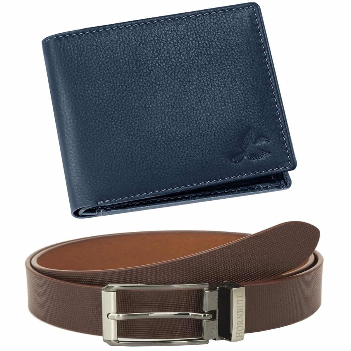 HORNBULL Men's Navy Wallet and Brown Belt Combo - Gift Set for Men BW45119