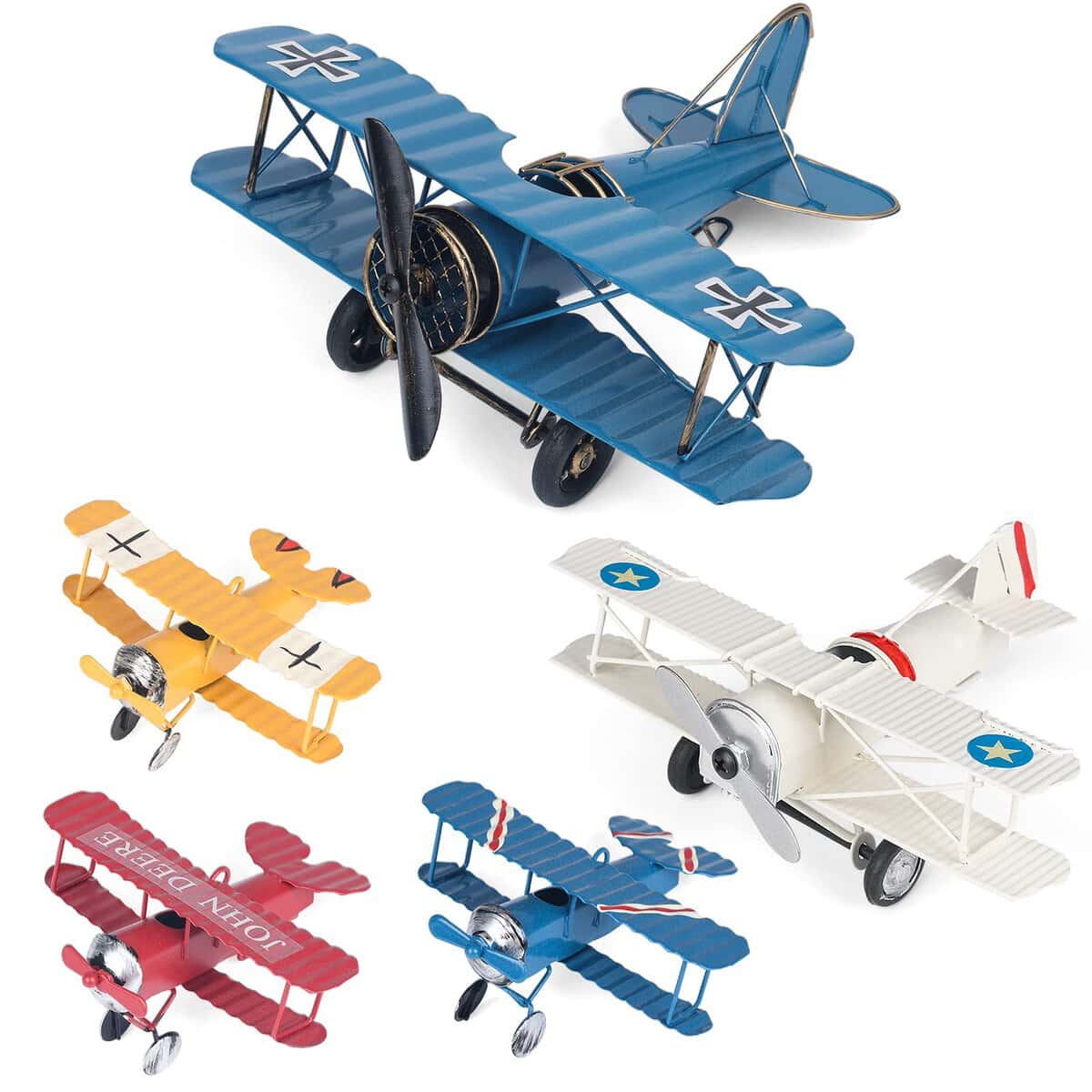 PHIROWN 5 Pack Vintage Metal Plane Models, Retro Iron Aircraft Biplane for Home Desktop Decor, Hanging Airplane Ornament for Christmas Birthday Gifts Cake Topper(Blue Large, White Medium, Three Small)