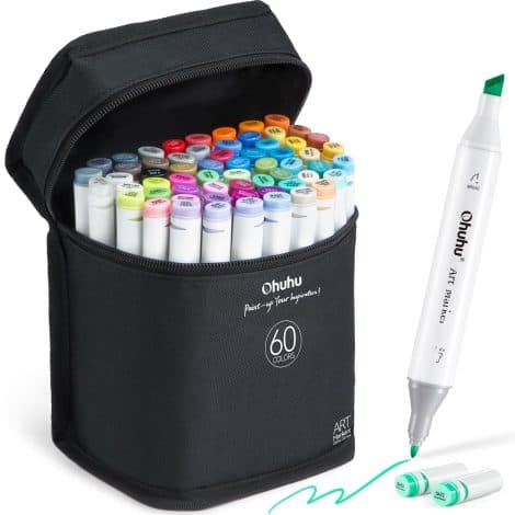 Ohuhu 60 Rang Alcohol Art Marker Set, Coloring for Kids and Adults, Dual Tip, Gift Option.