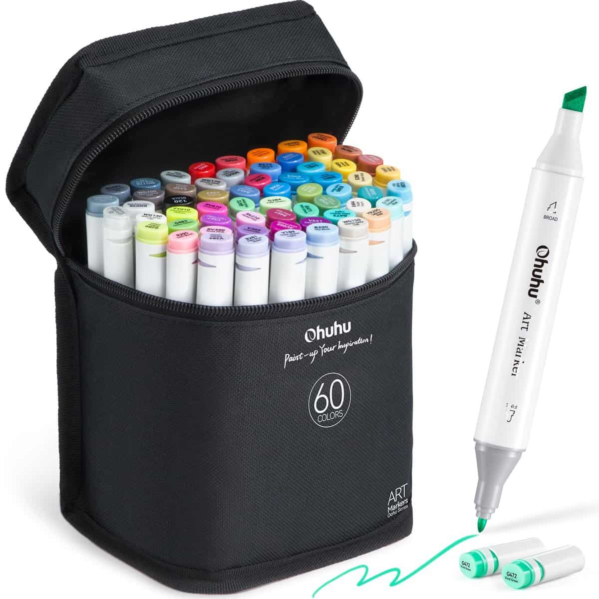 Ohuhu 60 Colors Alcohol Art Markers Set,Double Tipped Coloring Marker for Kids Adult Coloring,Fine & Chisel Alcohol-based Drawing Markers,1 Alcohol Marker Blender Included, Gift Idea, Black