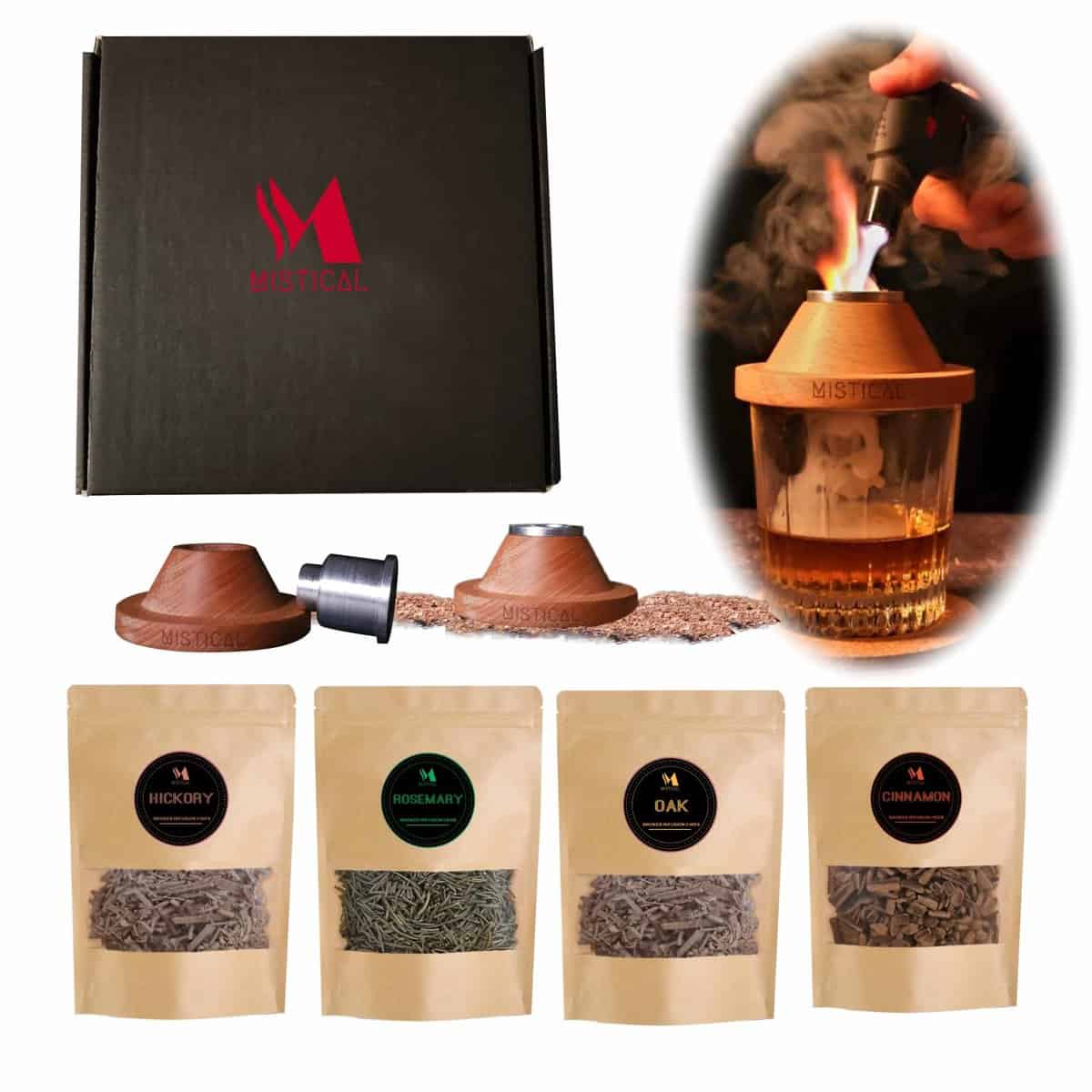 Mistical Portable Smoke Infuser Kit - Bartender Tool for Cocktails & Beverages | with Oak & Hickory Wood Chips | Rosemary & Cinnamon Herbs and a Blowtorch | for Professional & Home Bars