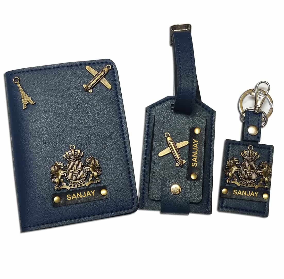 Giftsclub Unisex Polyurethane Passport Cover, Luggage Tags and Keychain Combo - Navy Blue