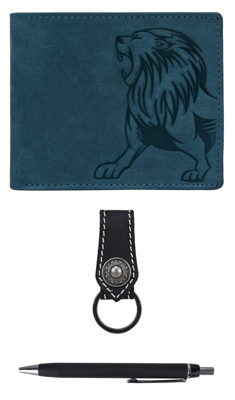 URBAN FOREST Men’s Vintage Blue Leather Wallet Set with Black Pen and Keychain Combo.