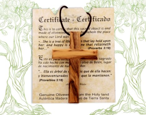 Christian Gift: Wooden Cross Necklace and Car Rearview Mirror Pendant with Olive Wood from Bethlehem. Certificate of Origin included.