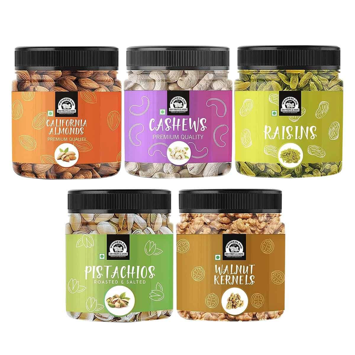 Wonderland Foods Premium Daily Needs Fresh and Healthy Mixed Dry Fruits Combo Pack of Almonds, Cashews, Raisin, Pistacho & Walnut Halves Kernels Combo Pack 1Kg Jar (200g X 5)