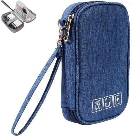 Blue travel bag for electronic accessories like USB cables, phone, hard drive, and SD cards.