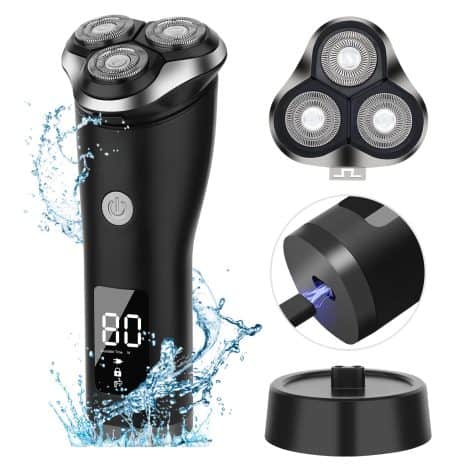 HIENA PRO Electric Rotary Shavers for Men: Rechargeable, Waterproof, LED Display, Black, for Dry and Wet Use.